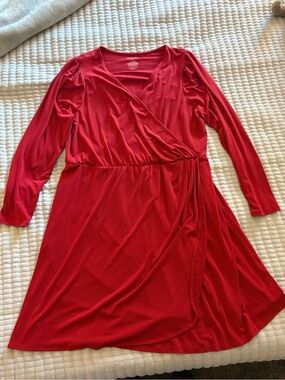 Nine West Red Wrap-Style Long Sleeve Dress